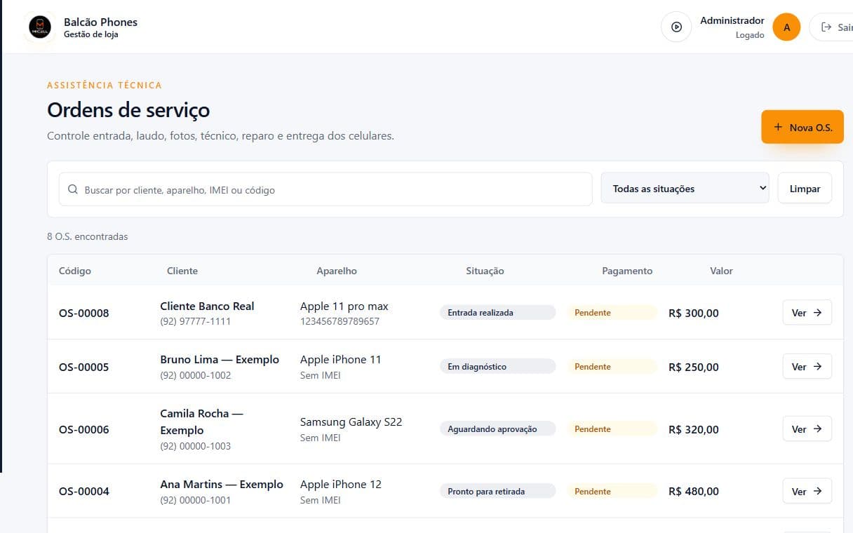 Tela real das ordens de serviço do sistema para assistência técnica Balcão Phones